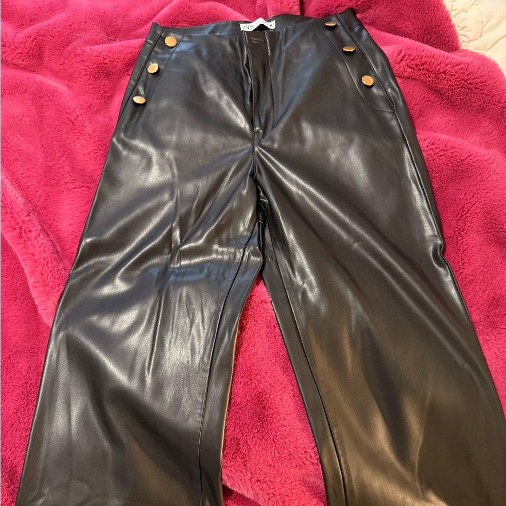 Zara Black Leather Pants with Gold Detail